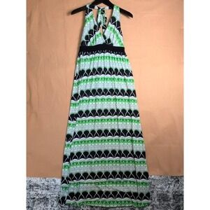 La Belle Halter Maxi Dress S Green Black Geometric Y2K Backless Tie Neck